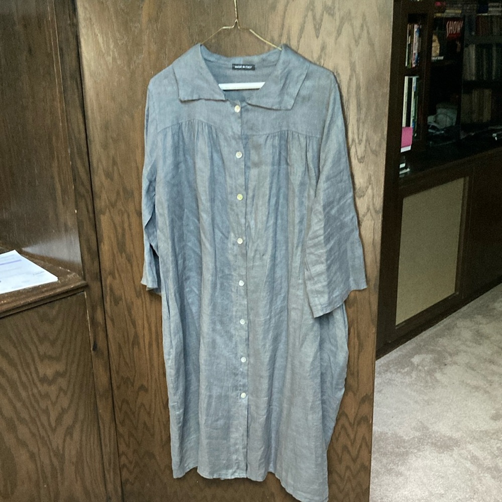 100% Linen Gray Button-Up Women's Dress with Pockets NWOT